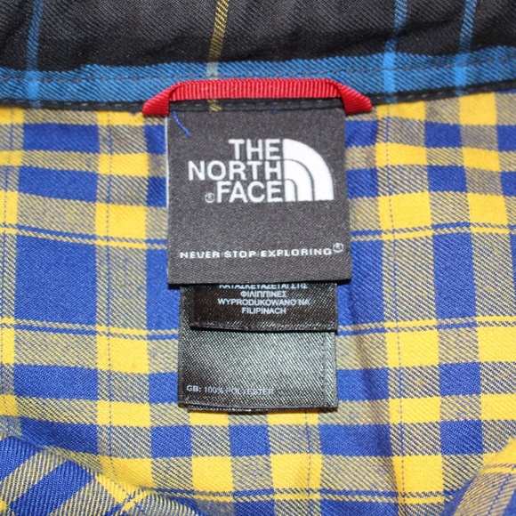 North Face, yellow & Blue plaid flannel snap buttons long sleeve shirt - Picture 6 of 10